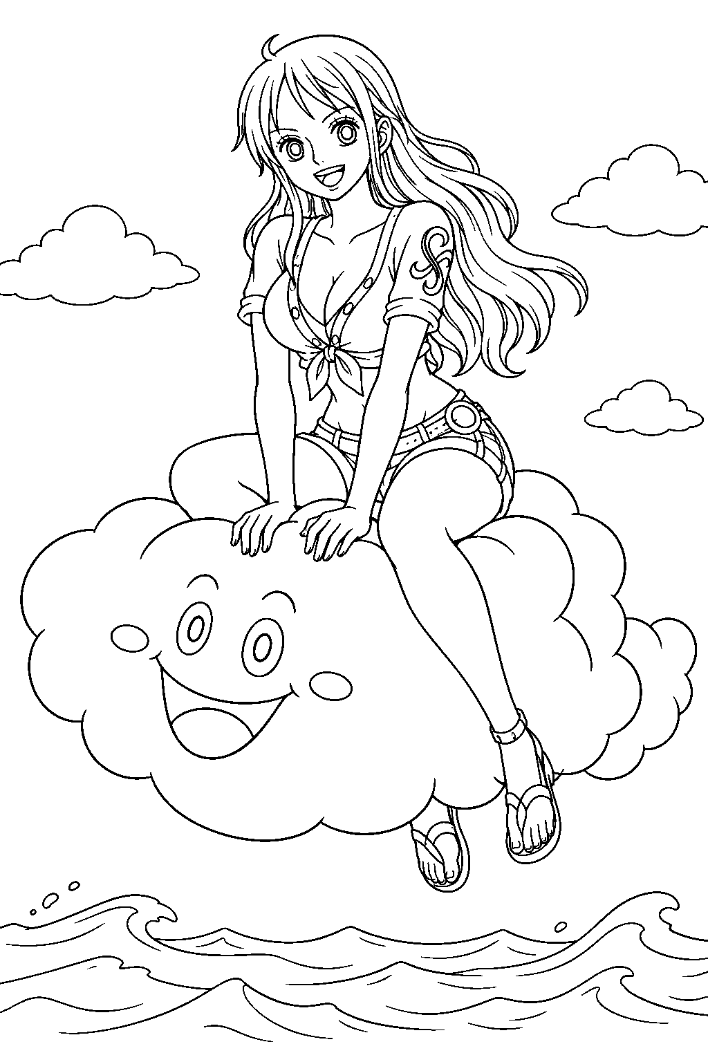 one piece nami riding zeus above the ocean line art