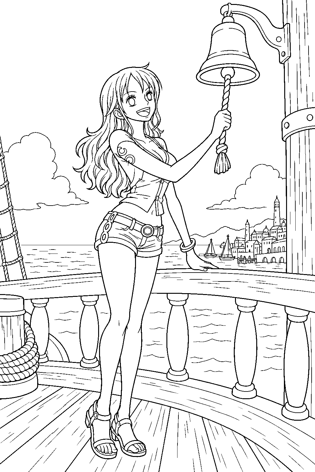 one piece nami ringing the ship bell as the harbor appears line art
