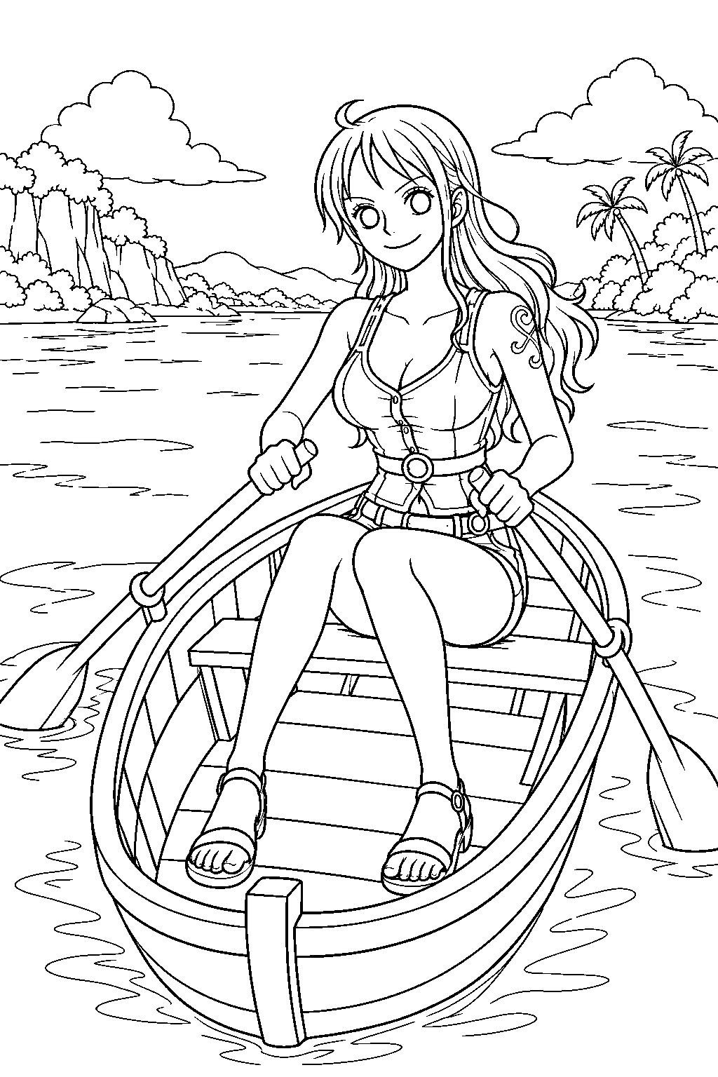one piece nami rowing a small boat across a quiet lagoon line art