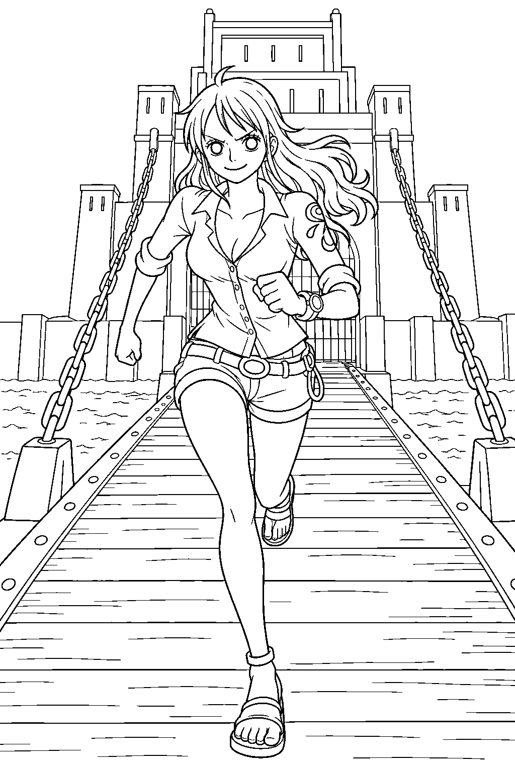 one piece nami running across a drawbridge at enies lobby line art