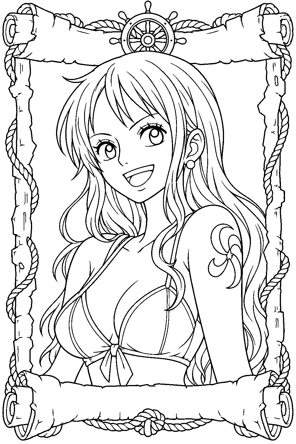 one piece nami smiling in a wanted poster frame line art