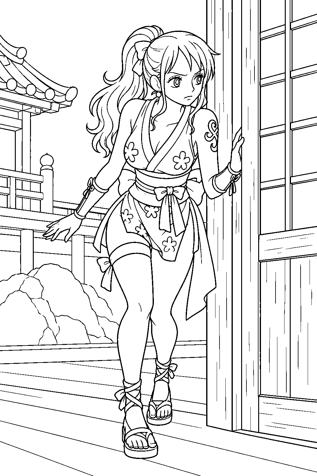 one piece nami sneaking through onigashima in her kunoichi outfit line art