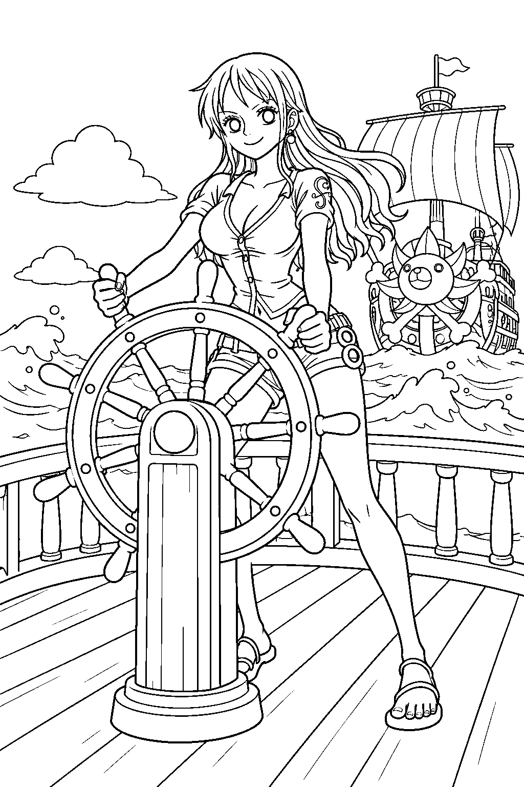 one piece nami steering the thousand sunny through waves line art