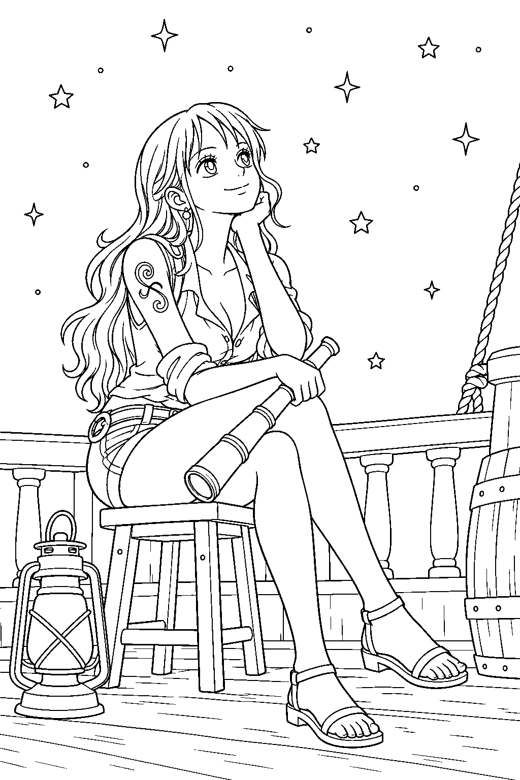 one piece nami studying the stars beside a ship lantern line art