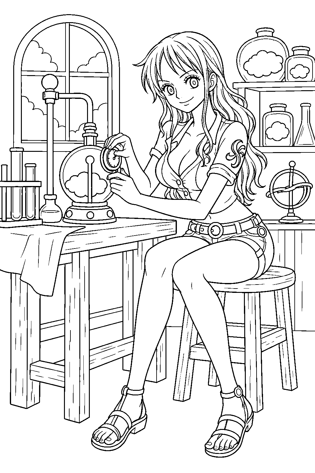 one piece nami testing a weather device in a weatheria laboratory line art
