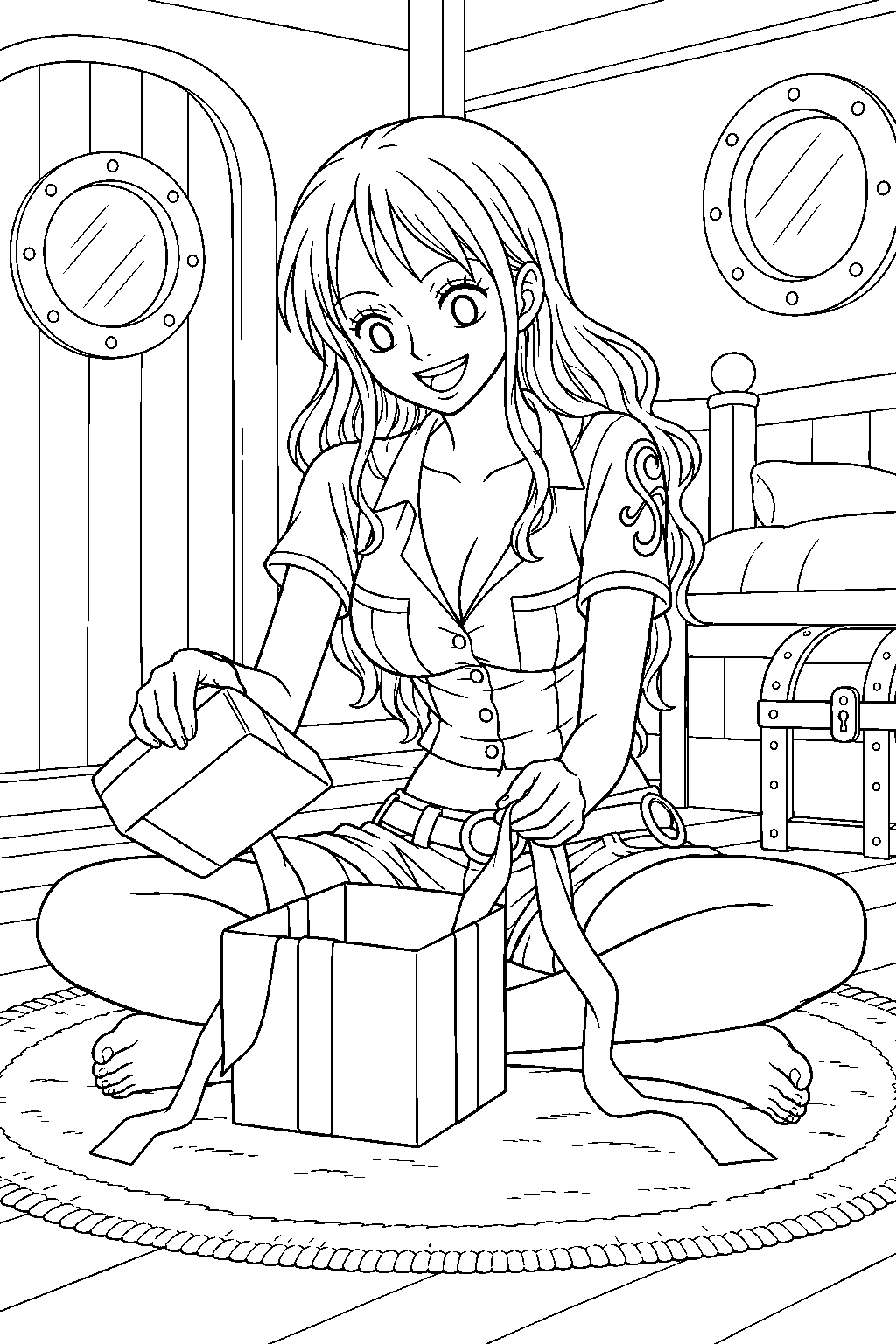 one piece nami unwrapping a birthday present in her ship cabin line art
