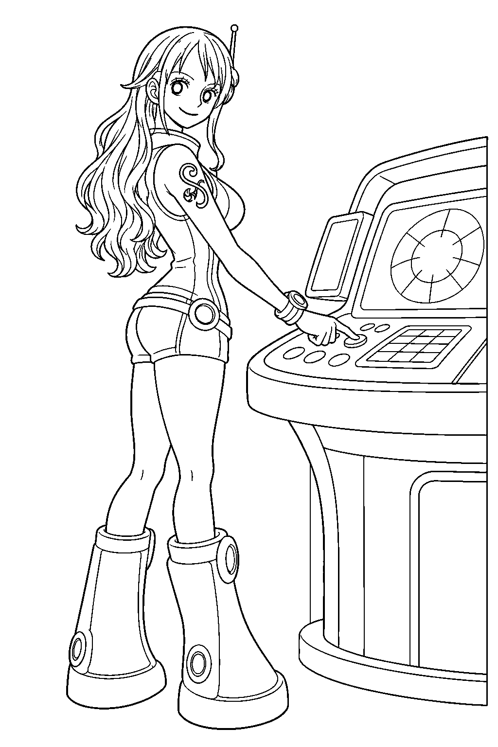 one piece nami using a futuristic console in her egghead outfit line art