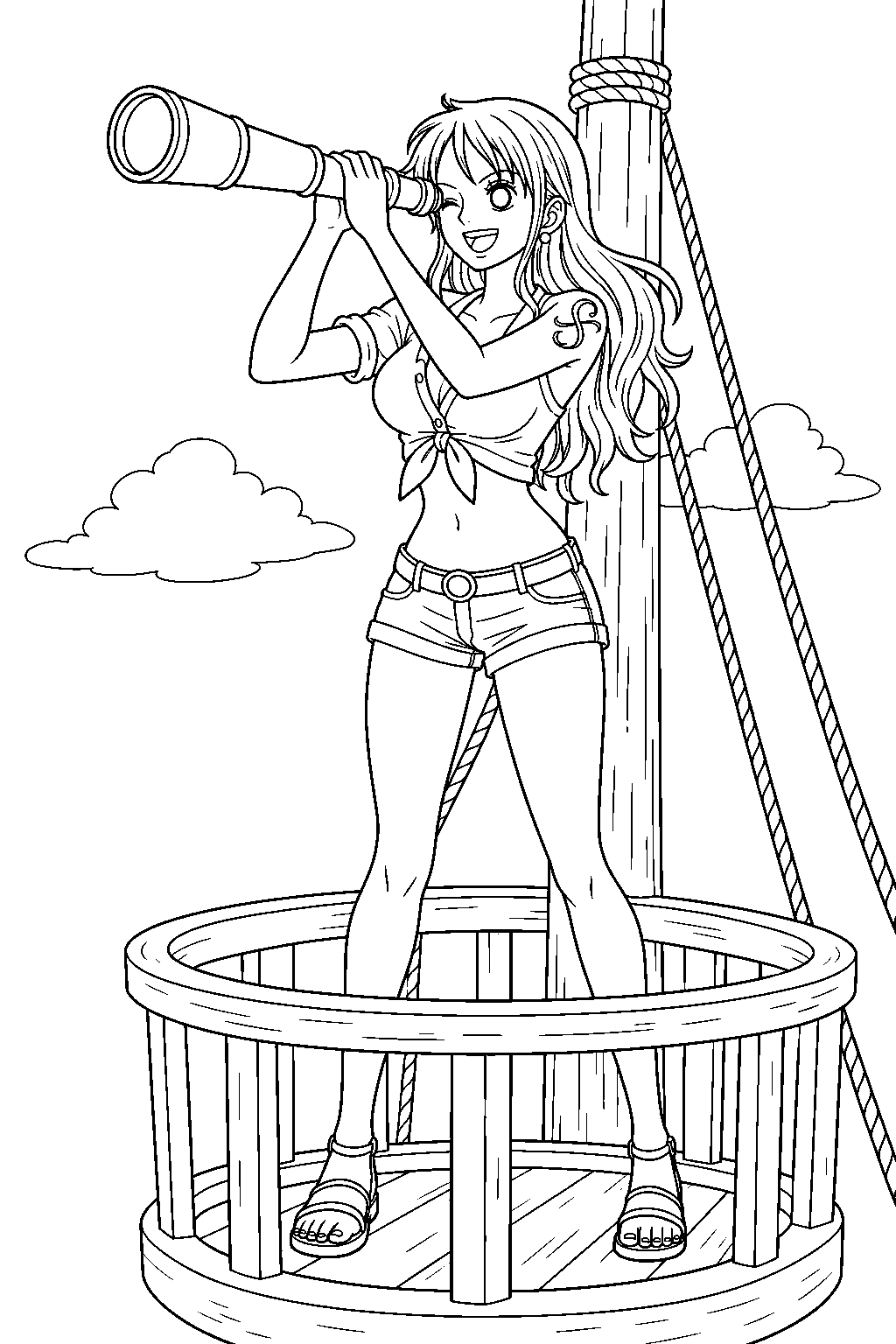 one piece nami using a telescope in the ship s crow s nest line art