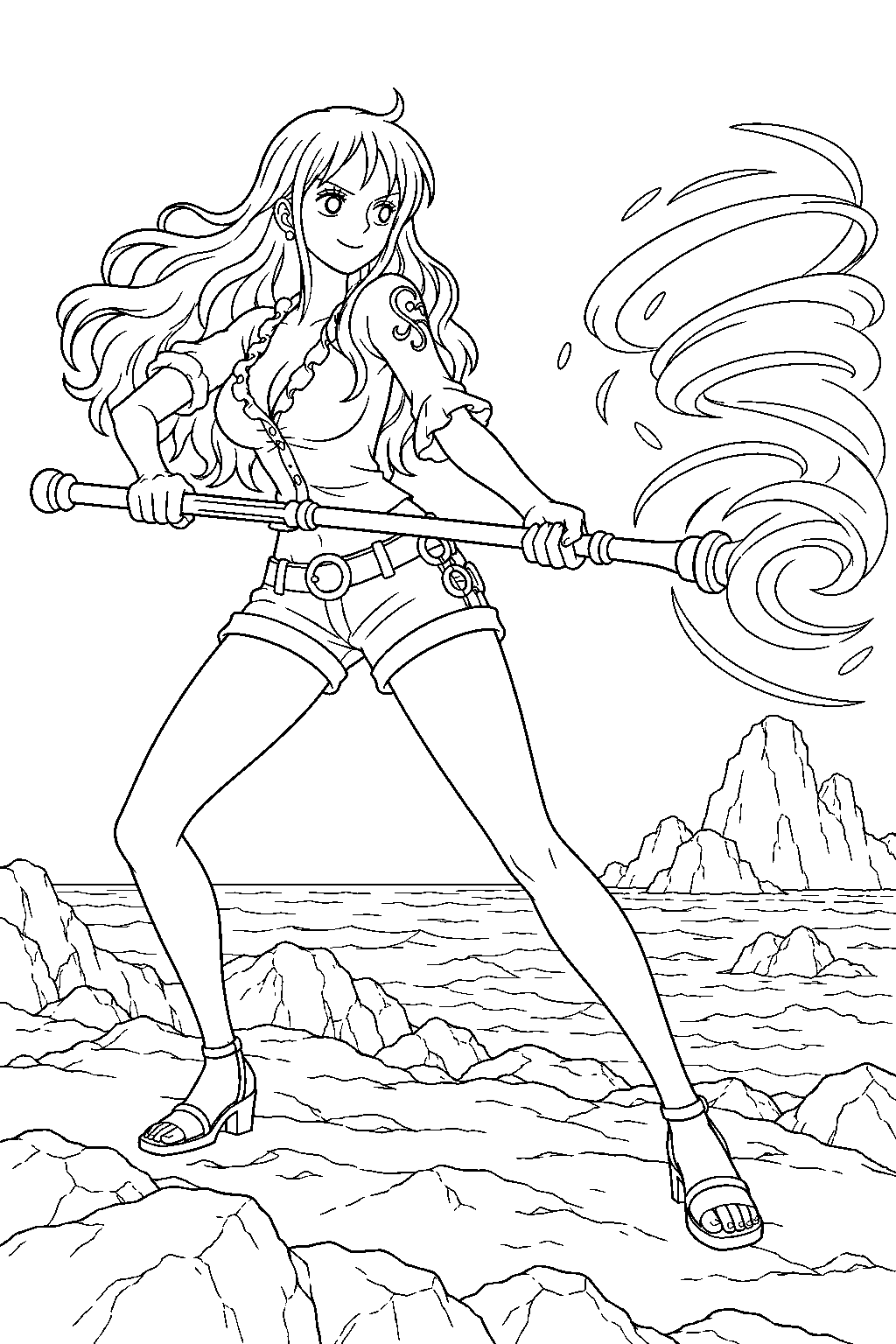 one piece nami using tornado tempo on a rocky shore line art