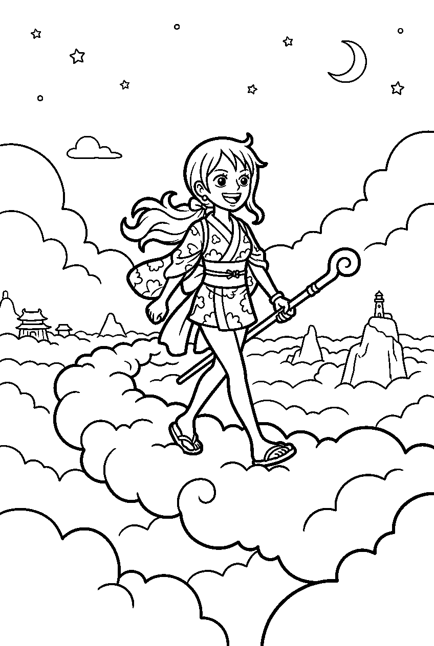 one piece nami walking above the clouds line art