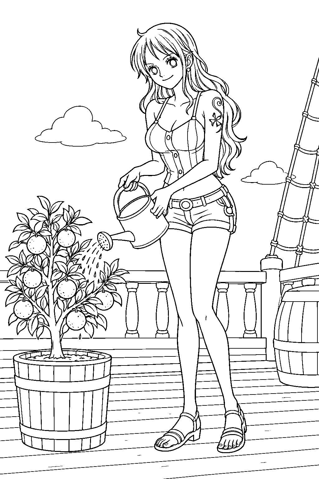 one piece nami watering a tangerine tree on the ship deck line art
