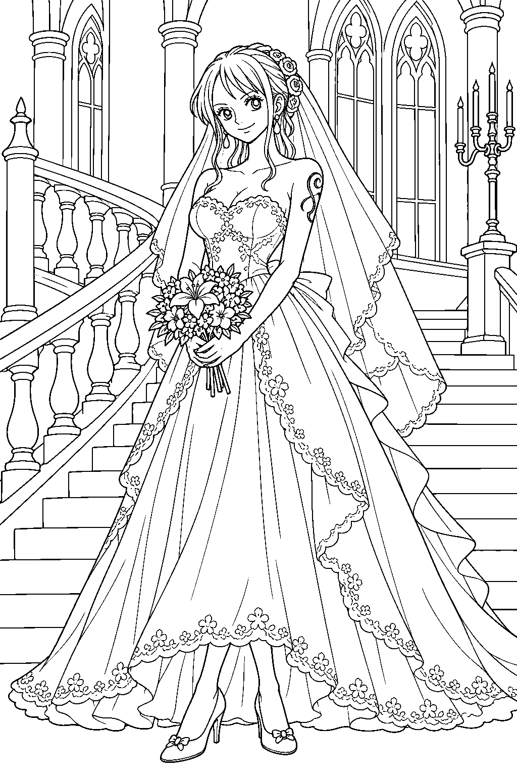 one piece nami wearing a wedding dress beside a gothic staircase line art