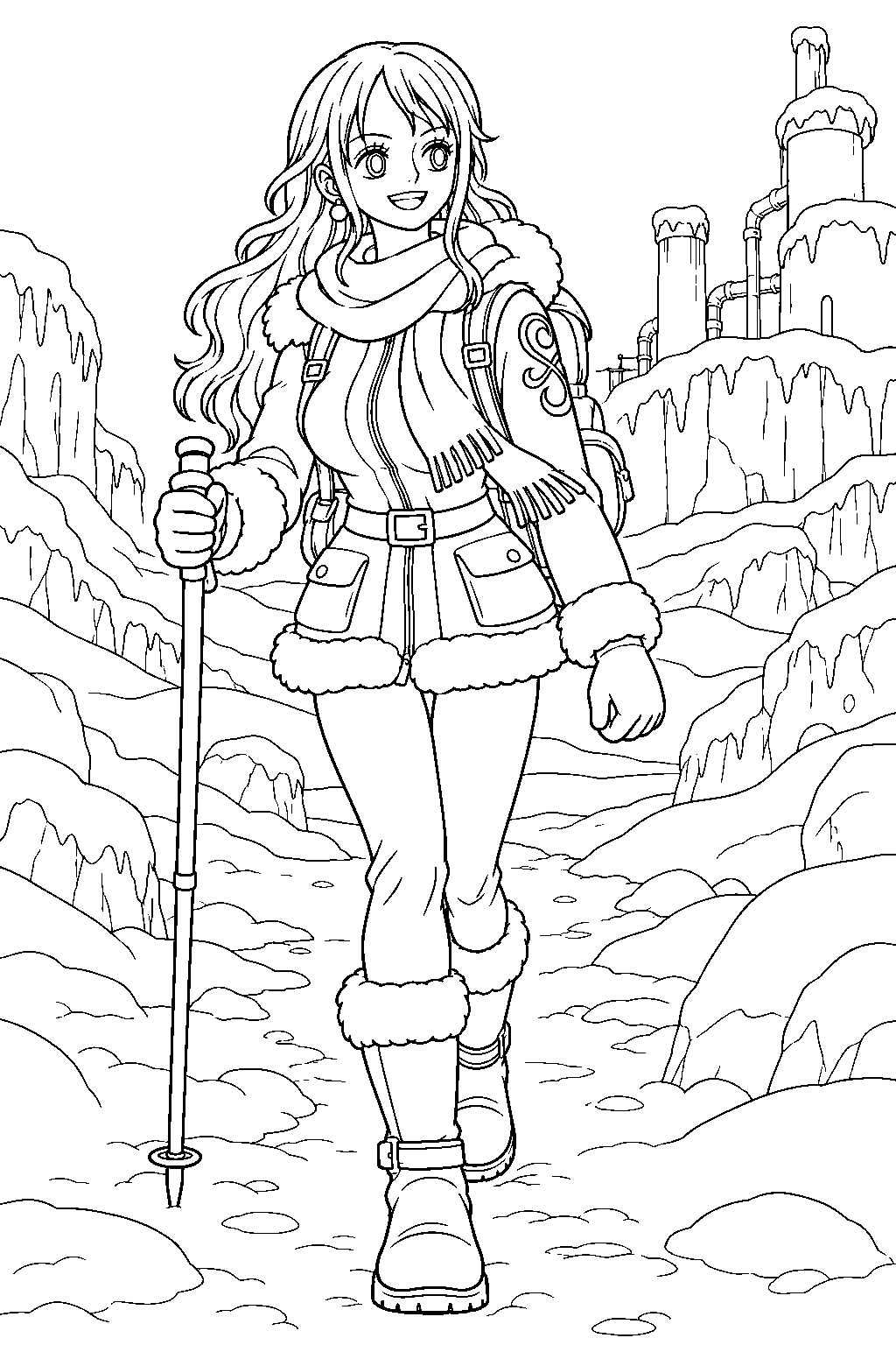 one piece nami wearing a winter coat on a snowy punk hazard path line art