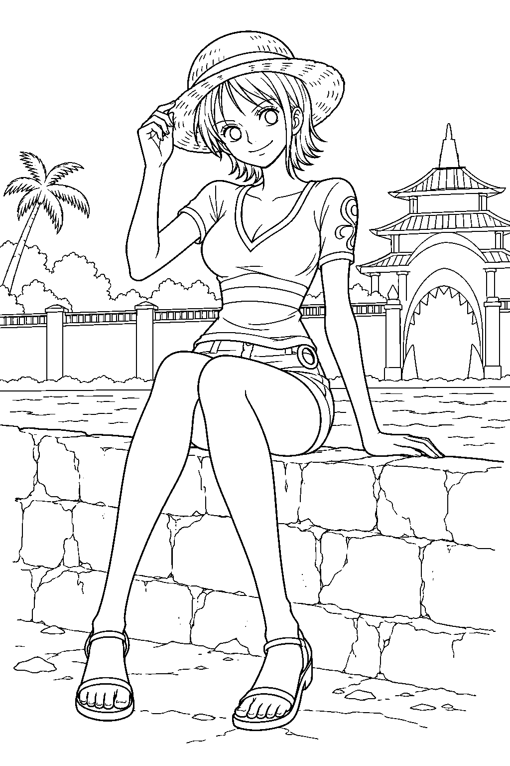 one piece nami wearing luffy s straw hat at arlong park line art