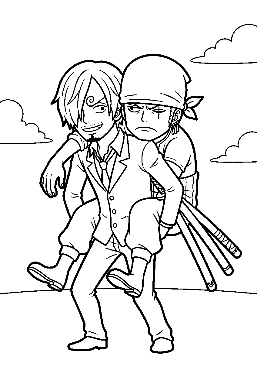 one piece sanji carrying zoro line art