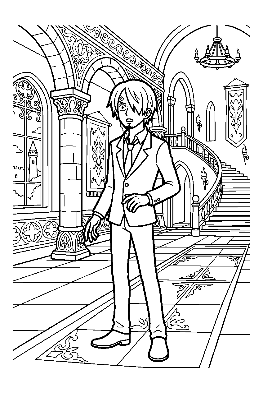 one piece sanji looking around in royal palace line art