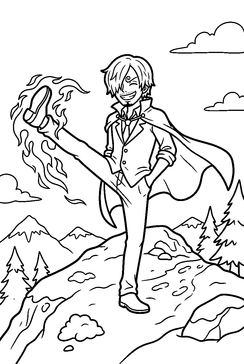 one piece sanji posing in snowy mountain line art