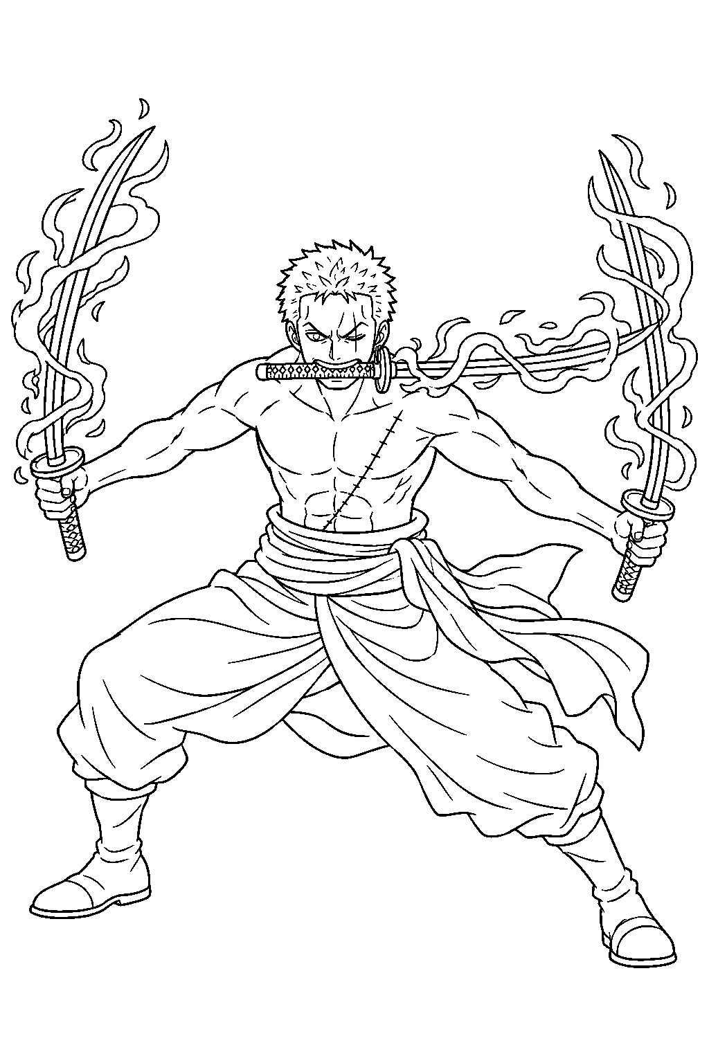 one piece zoro alone using king of hell three sword style with haki around his blades line art