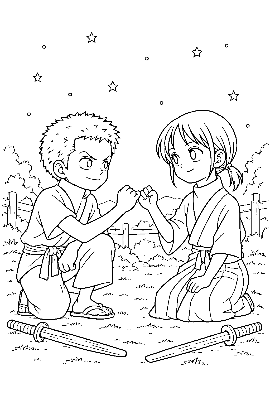 one piece zoro as a child making his promise to kuina under the stars line art