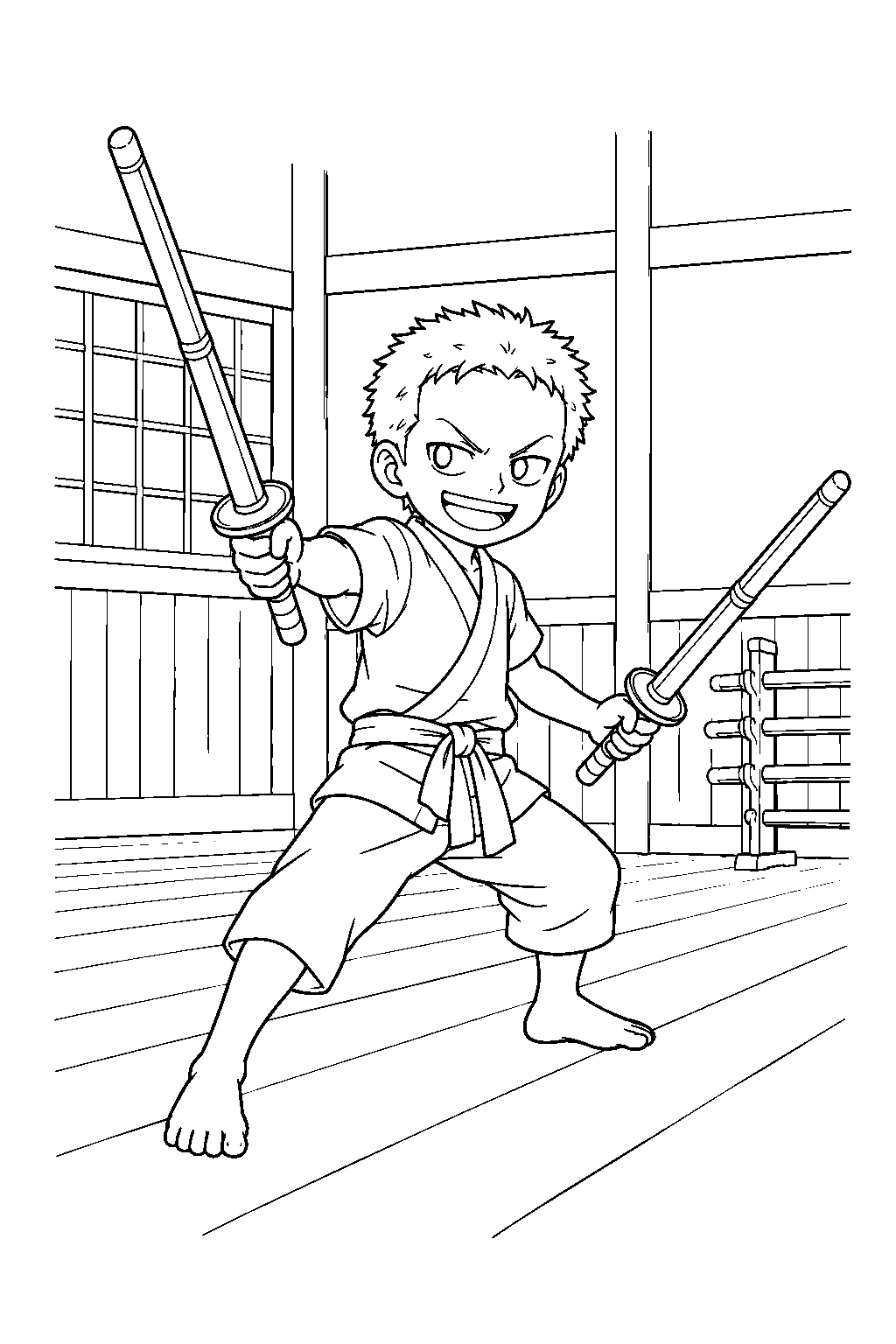 one piece zoro as a child practicing with bamboo swords at isshin dojo line art