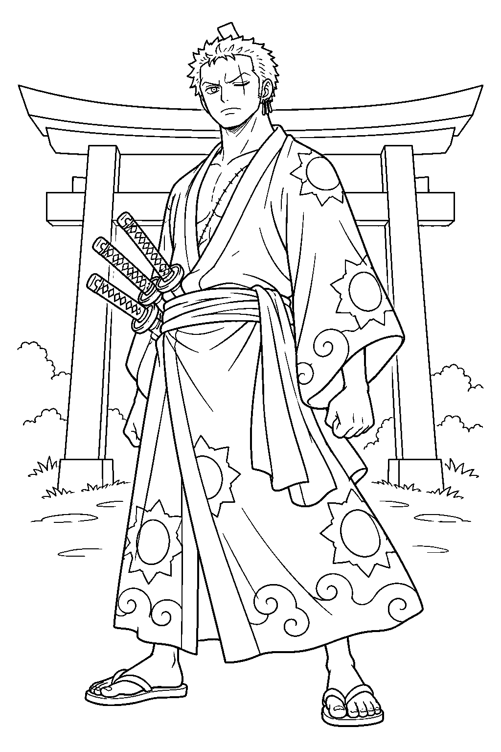 one piece zoro as zorojuro wearing a wano kimono line art