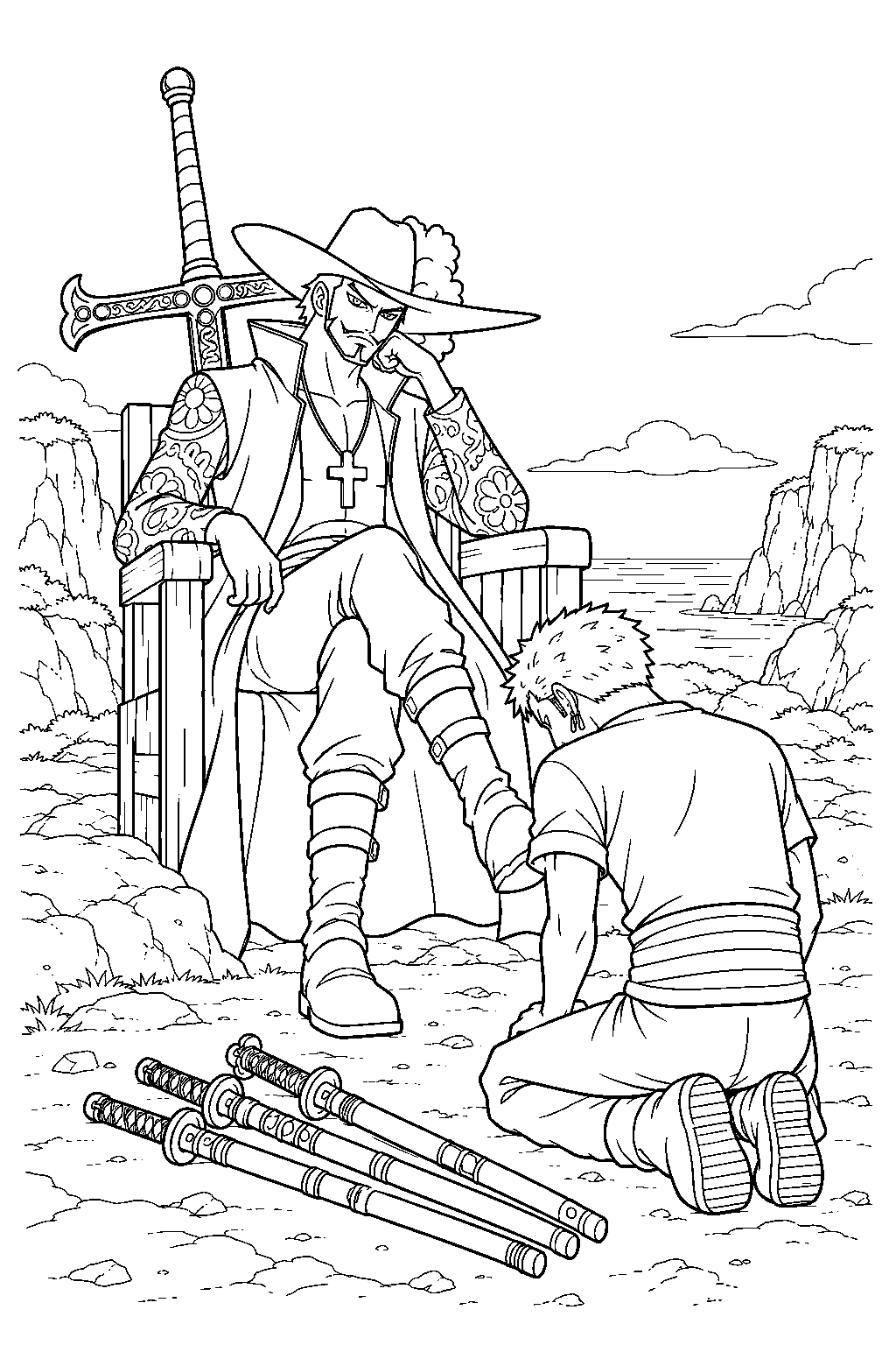 one piece zoro bowing to mihawk to ask for training line art