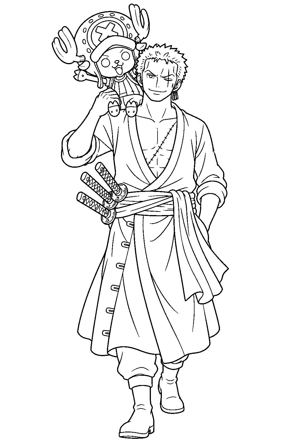 one piece zoro carrying chopper on his shoulder line art