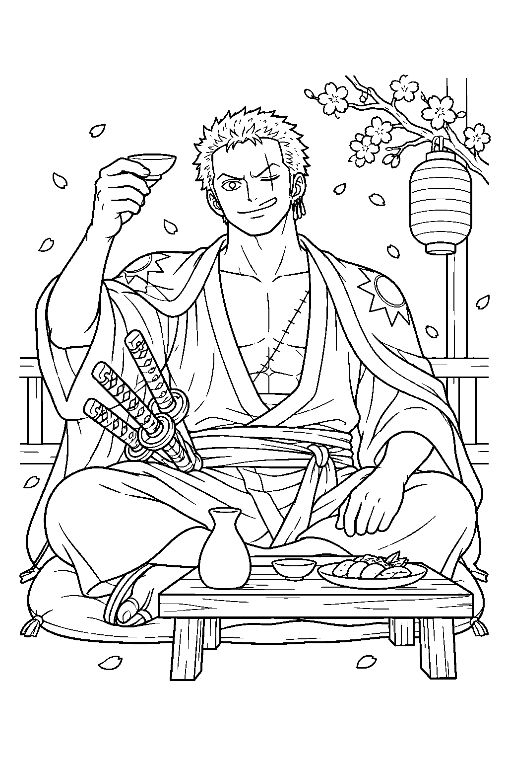 one piece zoro drinking sake at a wano victory banquet line art