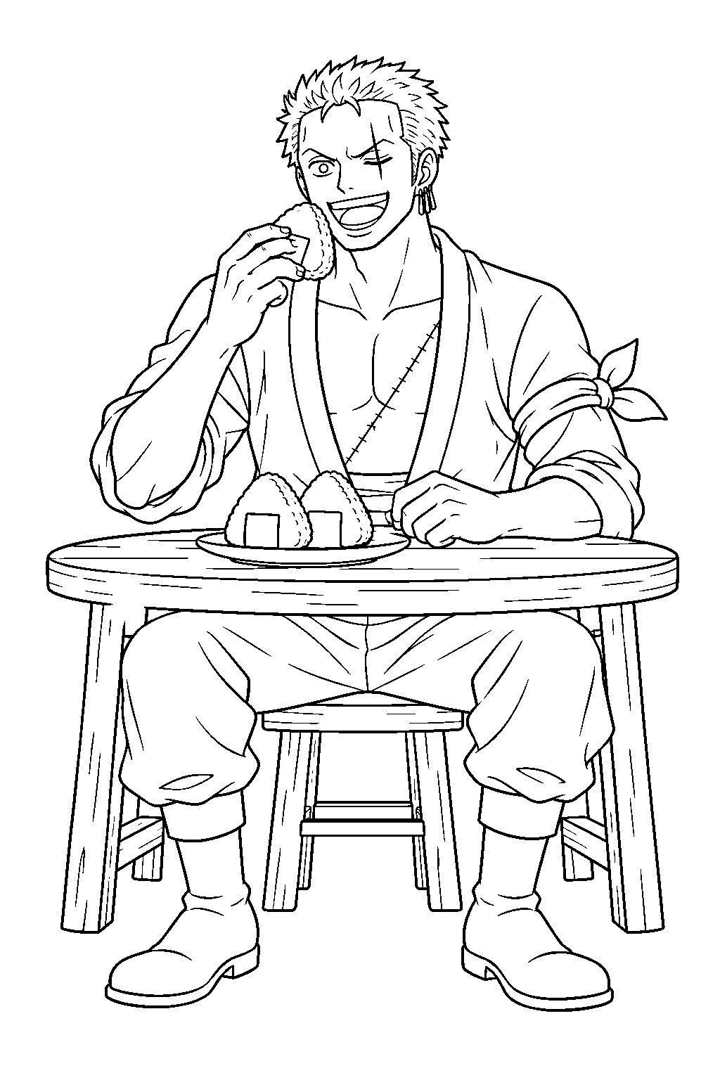one piece zoro eating onigiri line art