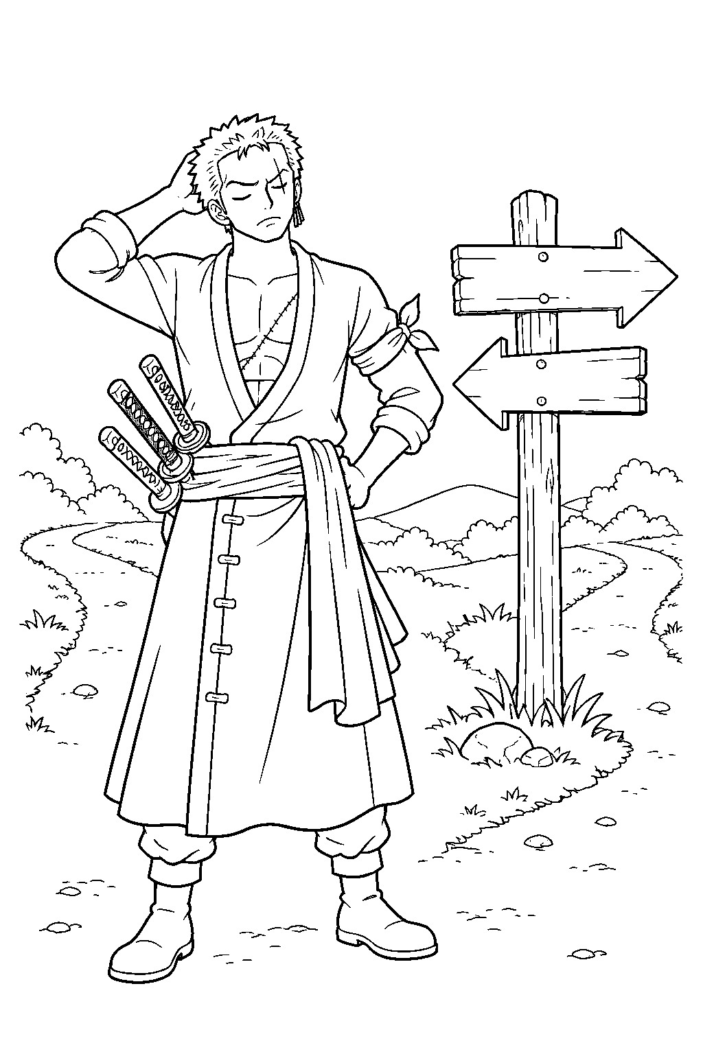 one piece zoro getting lost at a crossroads with direction signs line art