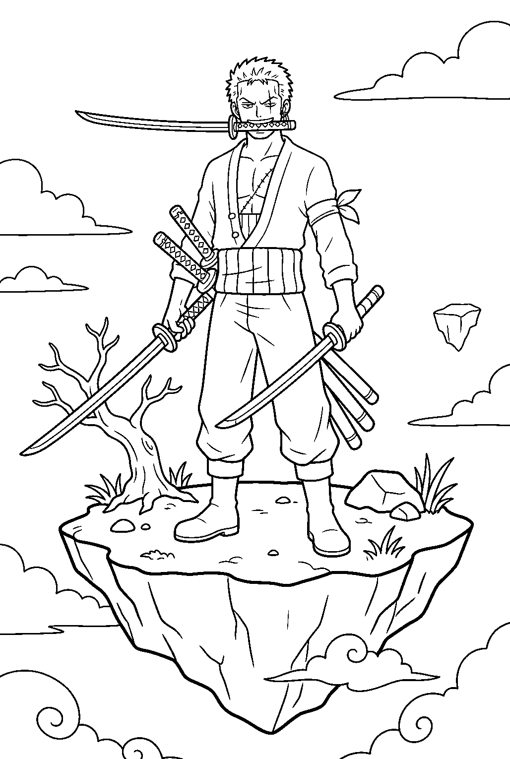 one piece zoro in floating island line art
