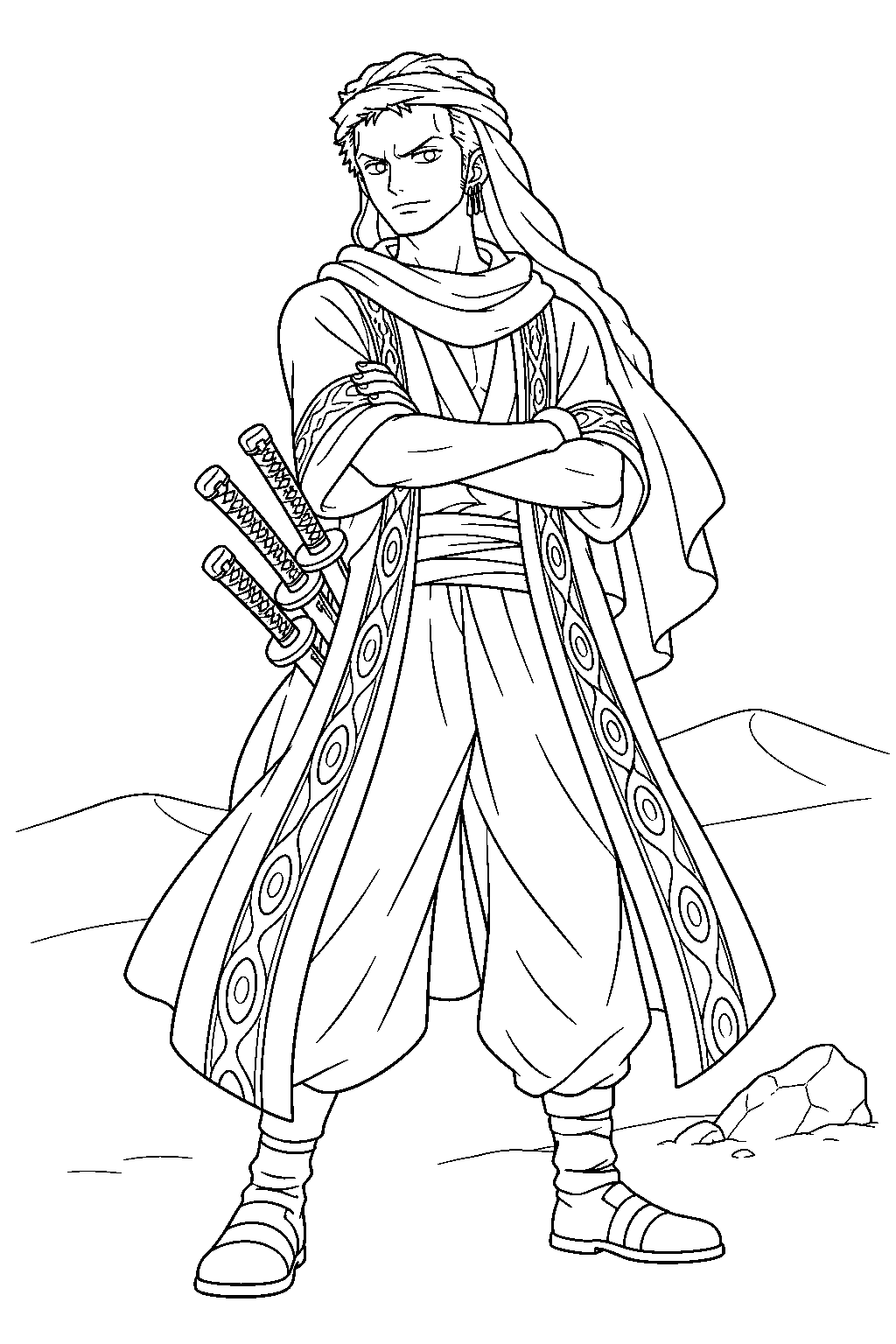 one piece zoro in his alabasta desert robe and headscarf line art