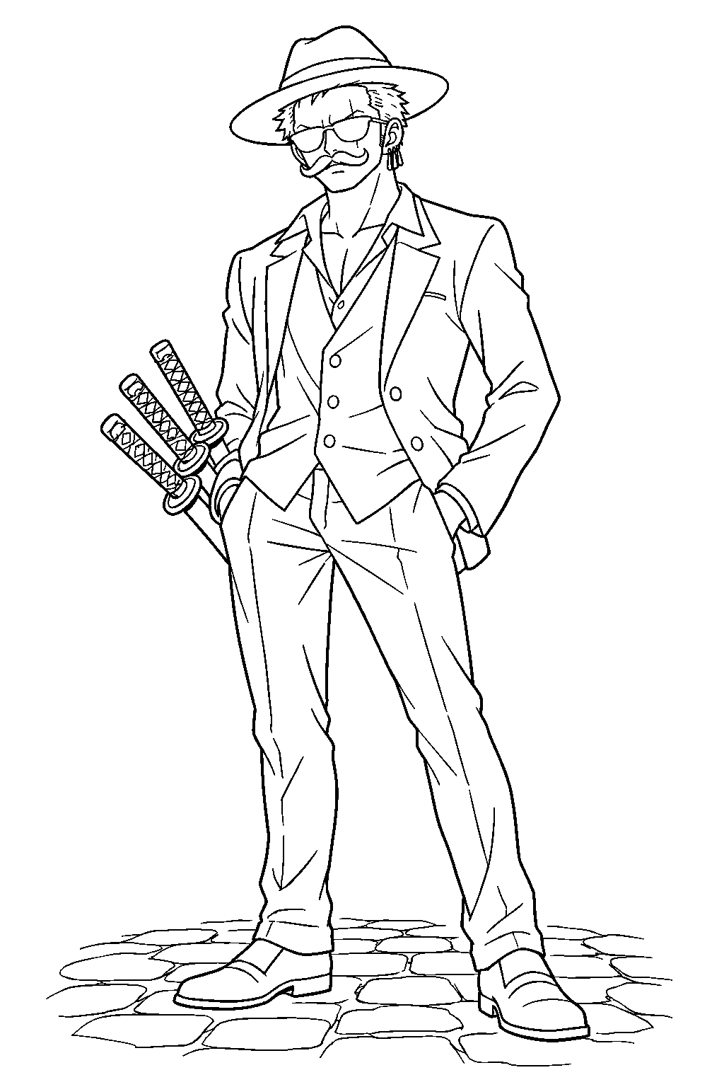 one piece zoro in his dressrosa disguise with a hat and sunglasses line art