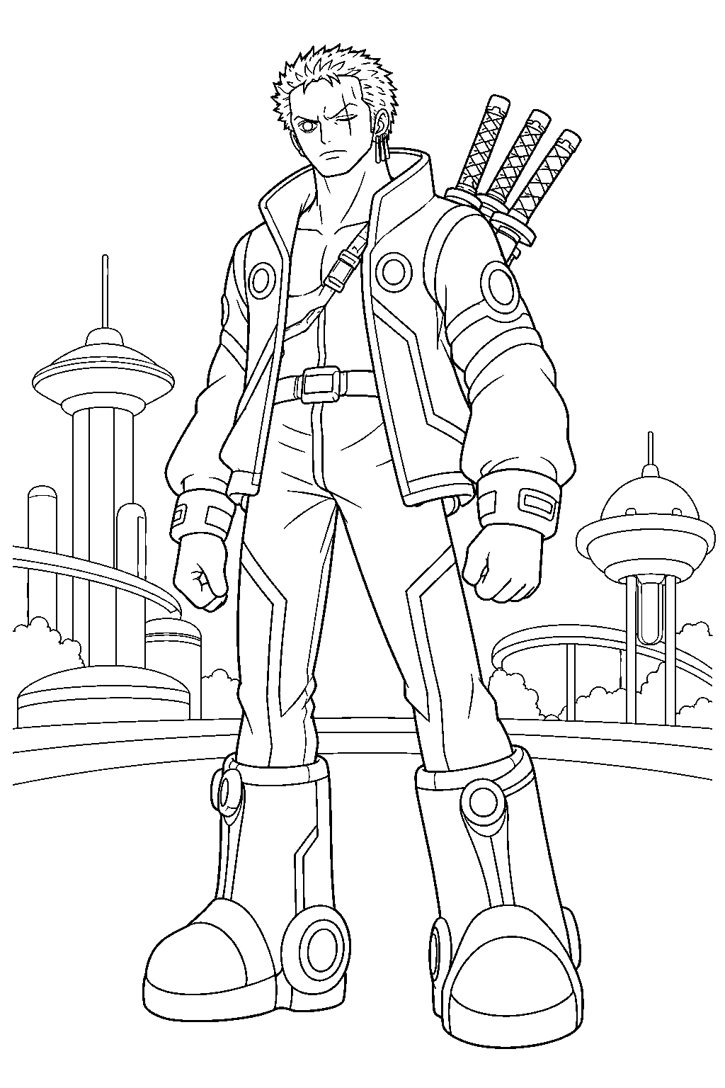one piece zoro in his egghead outfit with futuristic boots line art