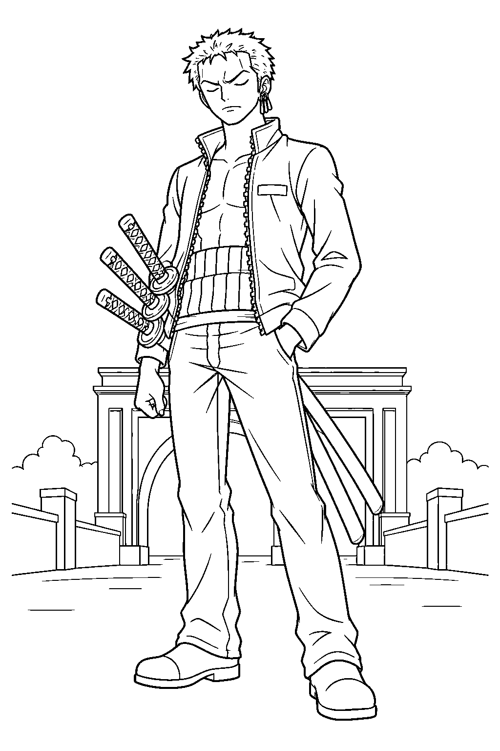 one piece zoro in his enies lobby jacket line art