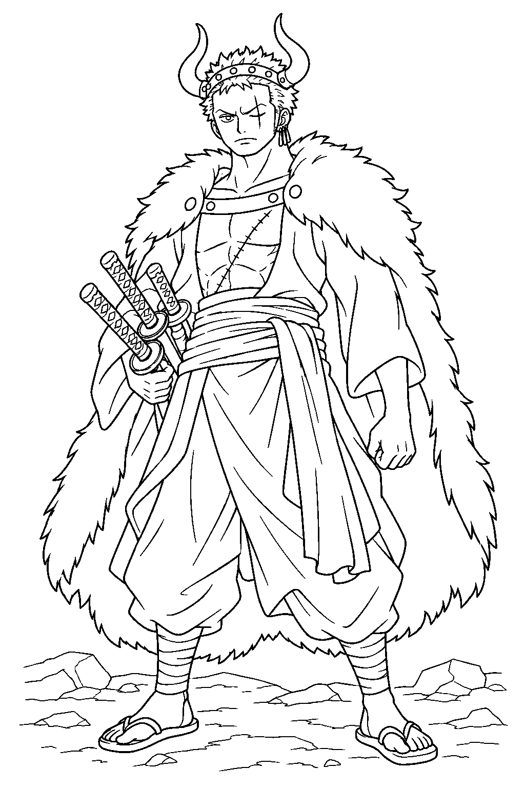 one piece zoro in his horned beast pirates disguise on onigashima line art