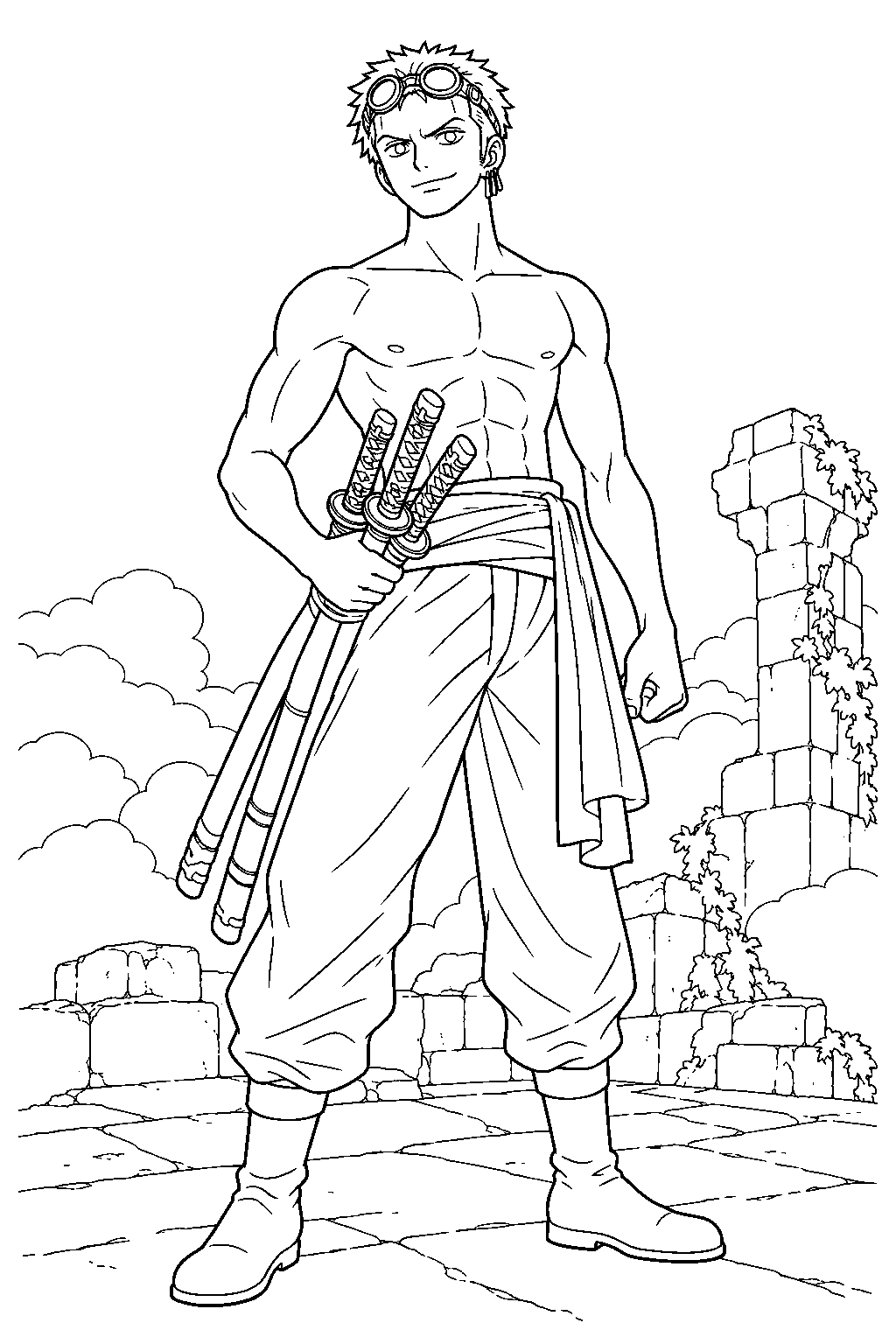 one piece zoro in his skypiea outfit with goggles at the sky island ruins line art