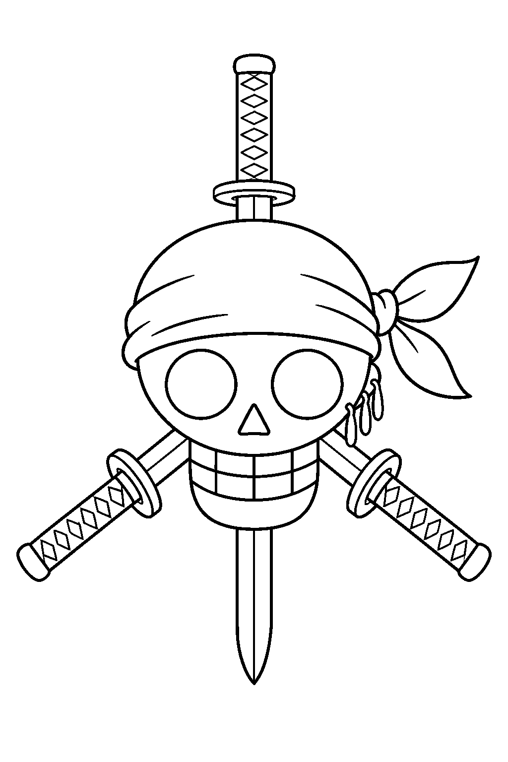 one piece zoro jolly roger emblem with a skull and three swords line art