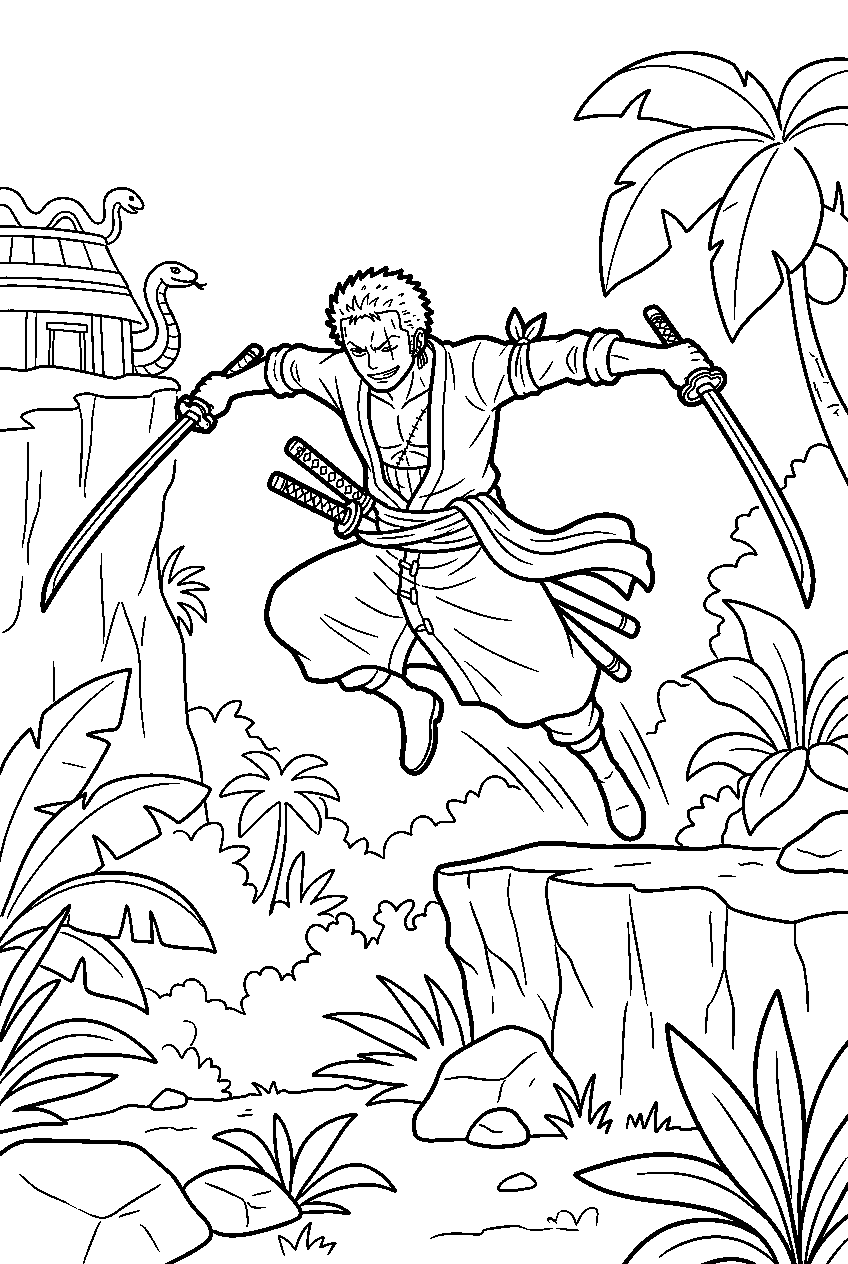 one piece zoro jumping in amazon lily line art