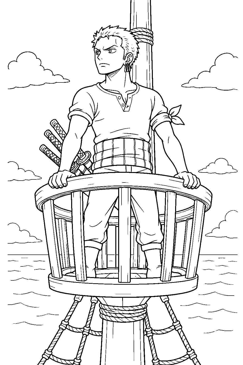 one piece zoro keeping watch in the going merry crow s nest line art