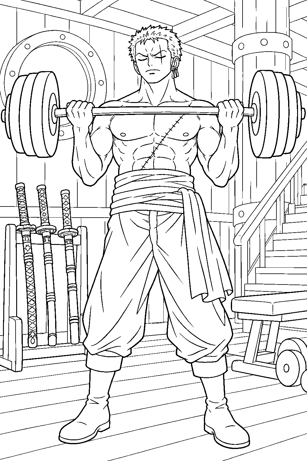 one piece zoro lifting a barbell in the thousand sunny gym line art
