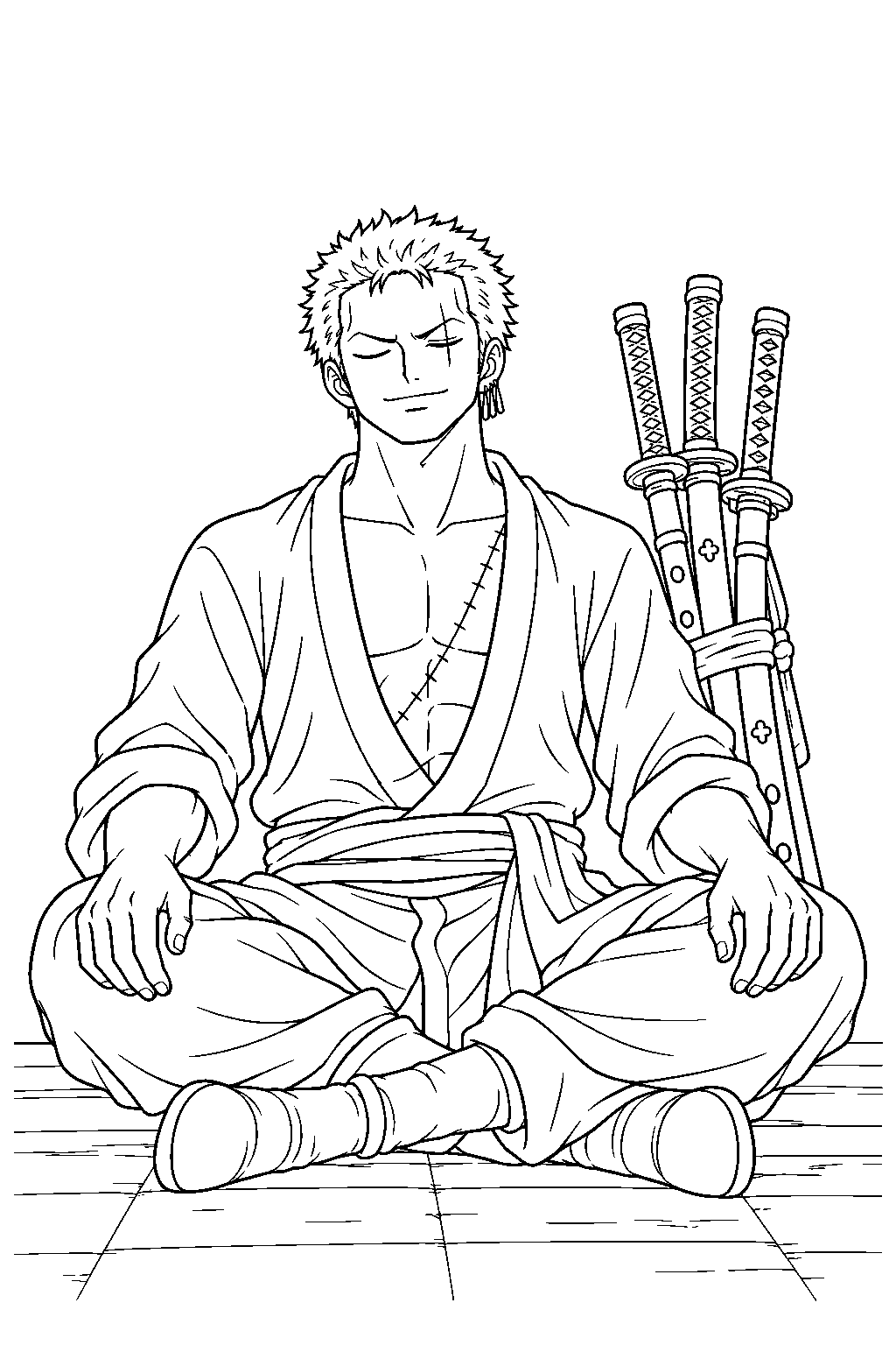 one piece zoro meditating beside his sheathed swords line art