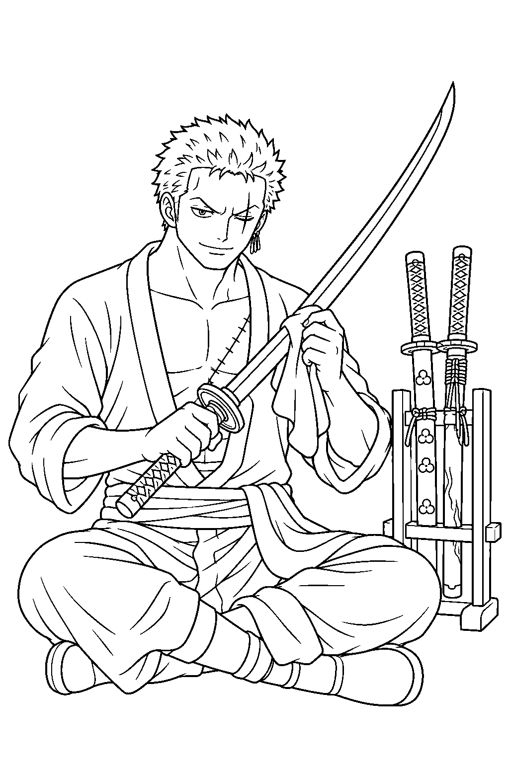 one piece zoro polishing wado ichimonji beside a sword rack line art