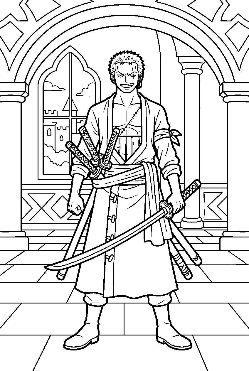 one piece zoro posing in royal palace line art