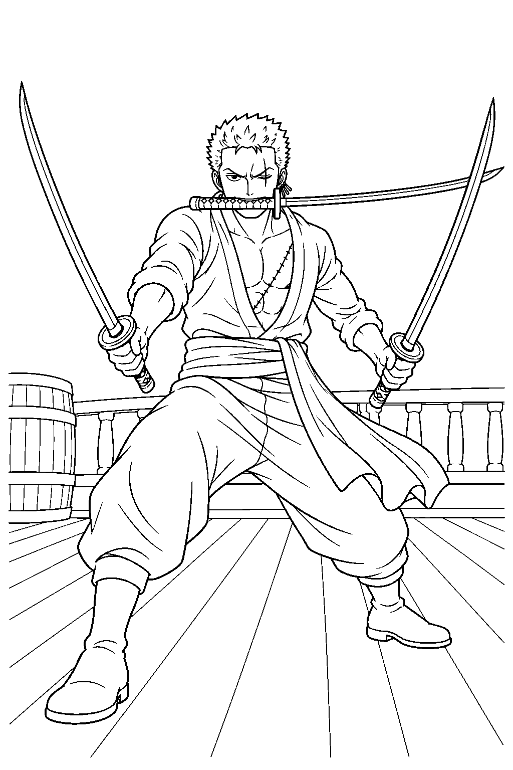 one piece zoro practicing three sword style on the ship deck line art