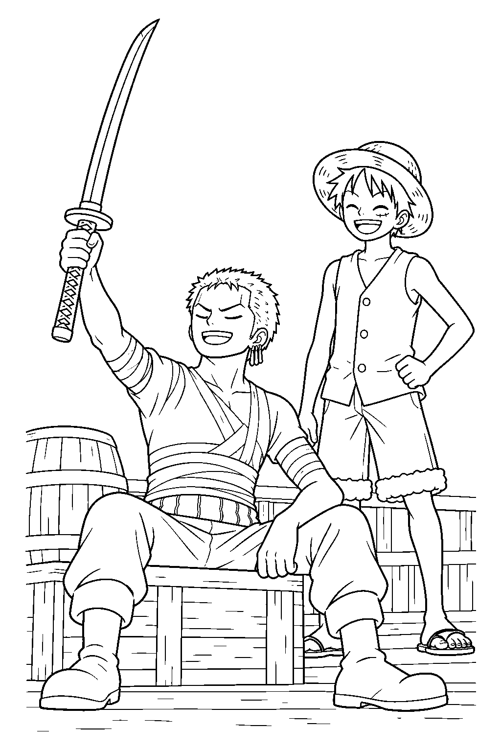 one piece zoro raising wado ichimonji while making his vow to luffy line art