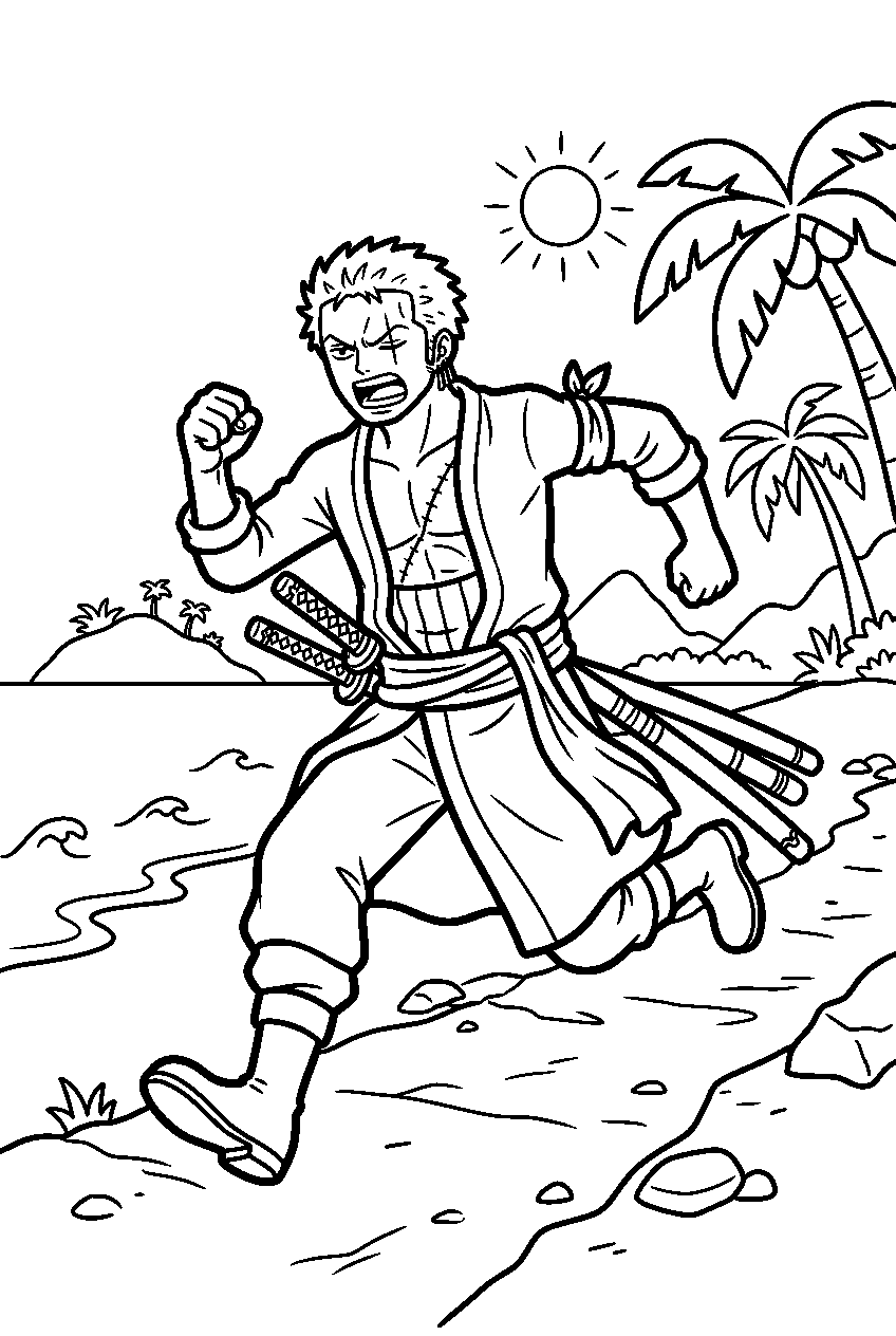one piece zoro running on tropical island line art