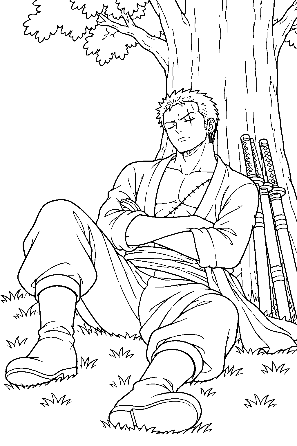 one piece zoro sleeping under a tree line art