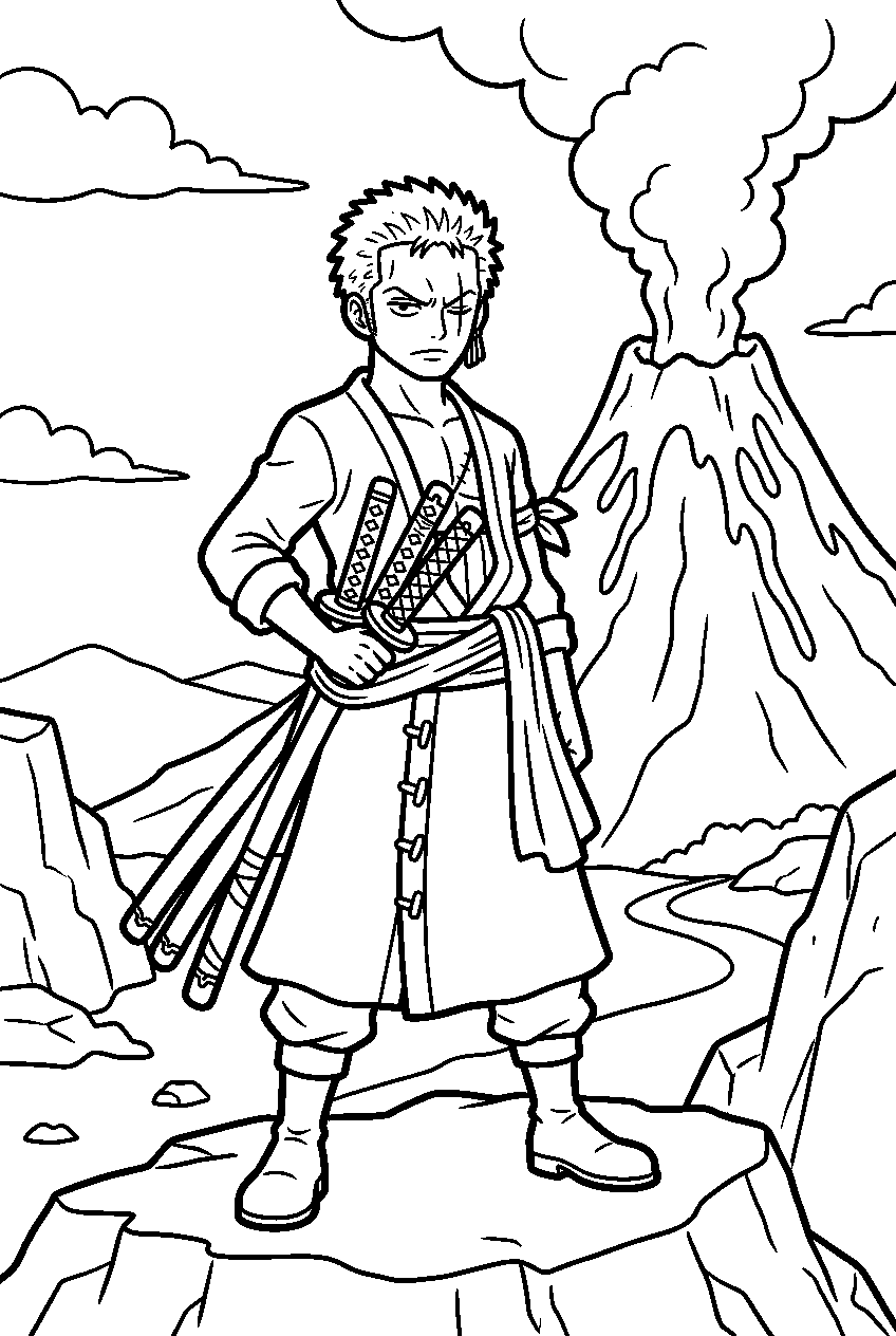 one piece zoro standing near volcano line art