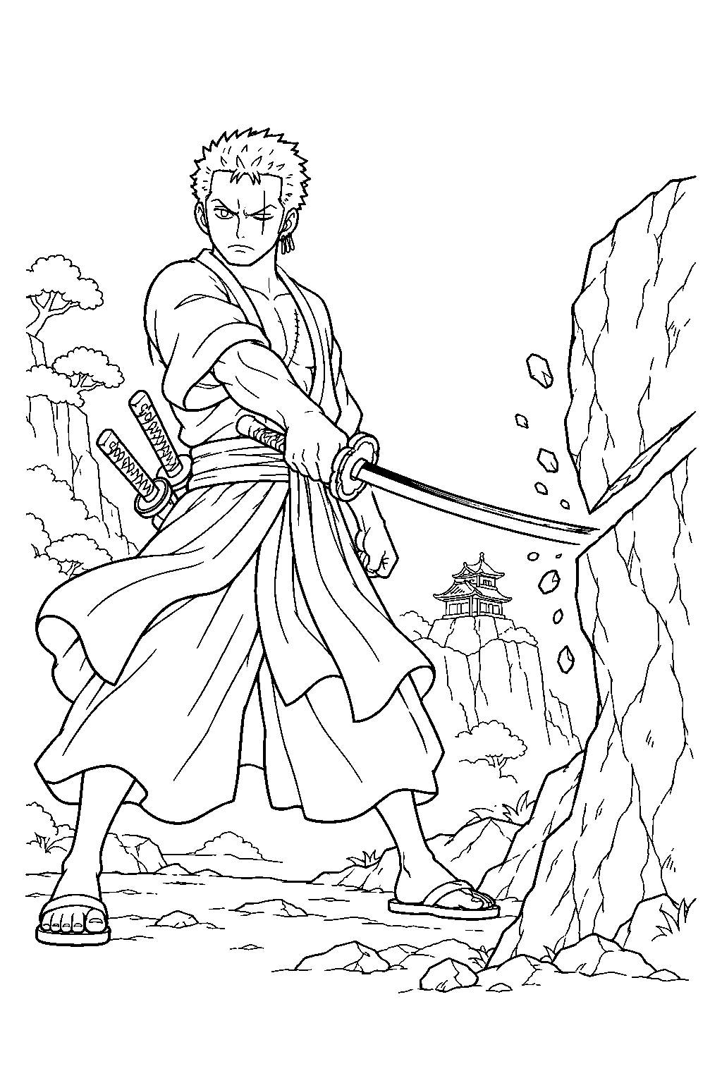one piece zoro testing enma with a slash toward a wano cliff line art